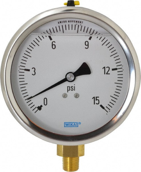 Wika 9699095 Pressure Gauge 4" Dial, 0 to 15 psi, 1/4" Thread, NPT, Lower Mount