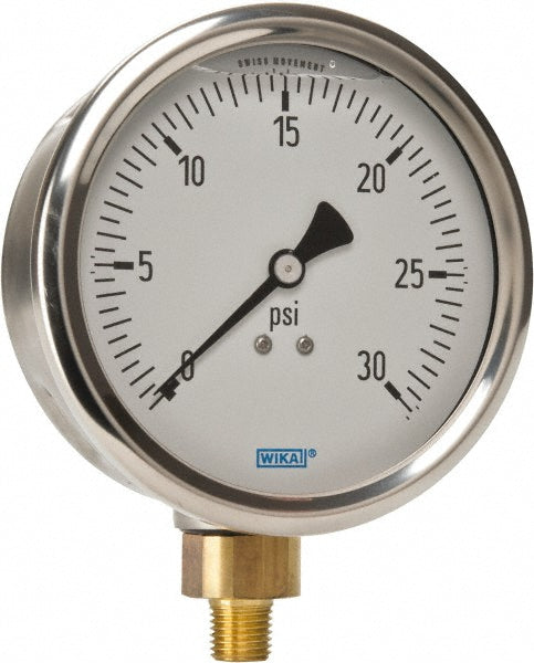 Wika 9699109 Pressure Gauge 4" Dial, 0 to 30 psi, 1/4" Thread, NPT, Lower Mount