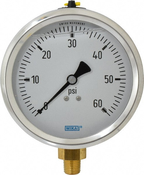 Wika 9699117 Pressure Gauge 4" Dial, 0 to 60 psi, 1/4" Thread, NPT, Lower Mount