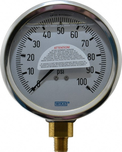 Wika 9699125 Pressure Gauge 4" Dial, 0 to 100 psi, 1/4" Thread, NPT, Lower Mount