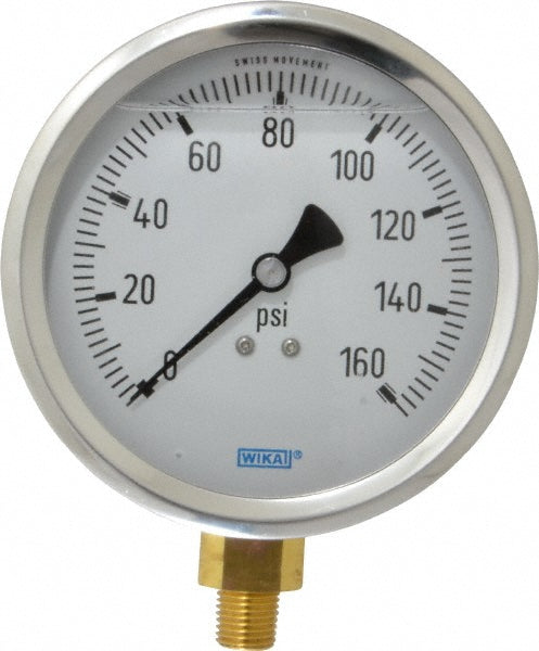 Wika 9699257 Pressure Gauge 4" Dial, 0 to 160 psi, 1/4" Thread, NPT, Lower Mount