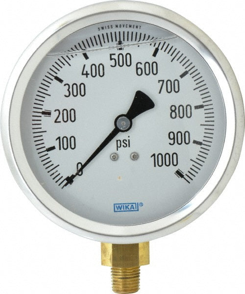 Wika 9699185 Pressure Gauge 4" Dial, 0 to 1,000 psi, 1/4" Thread, NPT, Lower Mount