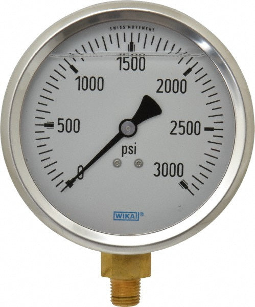 Wika 9699215 Pressure Gauge 4" Dial, 0 to 3,000 psi, 1/4" Thread, NPT, Lower Mount
