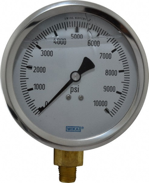 Wika 9699231 Pressure Gauge 4" Dial, 0 to 10,000 psi, 1/4" Thread, NPT, Lower Mount