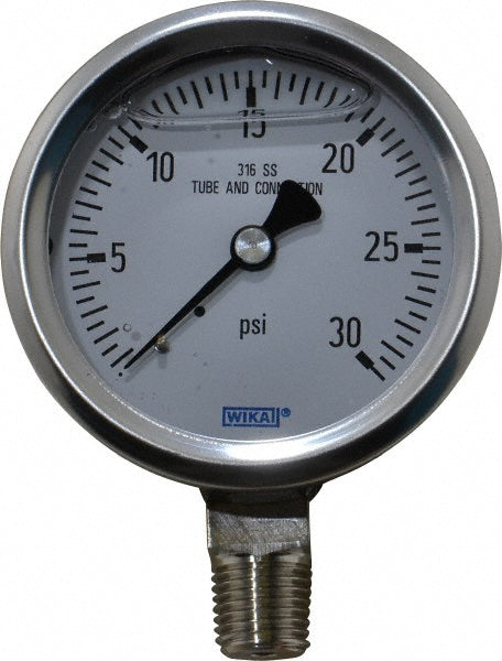Wika 9833590 Pressure Gauge 2-1/2" Dial, 0 to 30 psi, 1/4" Thread, NPT, Lower Mount