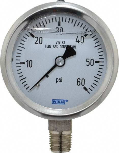 Wika 9833582 Pressure Gauge 2-1/2" Dial, 0 to 60 psi, 1/4" Thread, NPT, Lower Mount