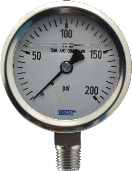 Wika 9833557 Pressure Gauge 2-1/2" Dial, 0 to 200 psi, 1/4" Thread, NPT, Lower Mount