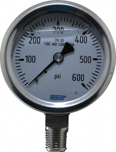 Wika 9833523 Pressure Gauge 2-1/2" Dial, 0 to 600 psi, 1/4" Thread, NPT, Lower Mount