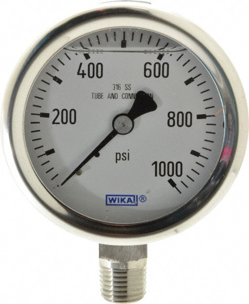 Wika 9833515 Pressure Gauge 2-1/2" Dial, 0 to 1,000 psi, 1/4" Thread, NPT, Lower Mount