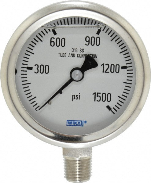 Wika 9833506 Pressure Gauge 2-1/2" Dial, 0 to 1,500 psi, 1/4" Thread, NPT, Lower Mount