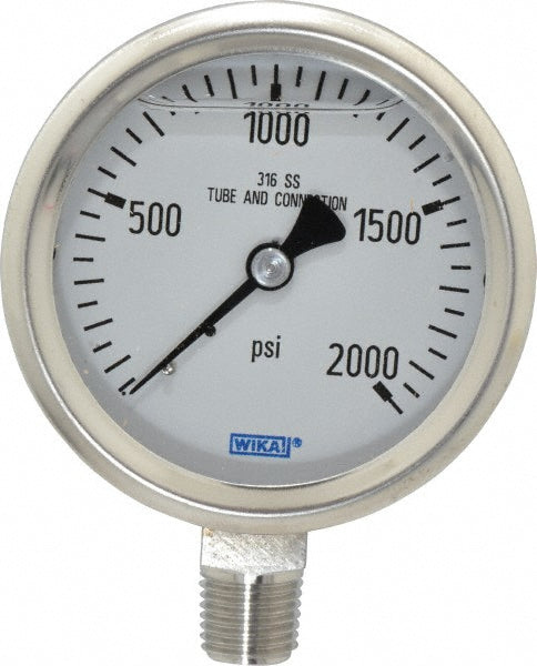 Wika 9833493 Pressure Gauge 2-1/2" Dial, 0 to 2,000 psi, 1/4" Thread, NPT, Lower Mount