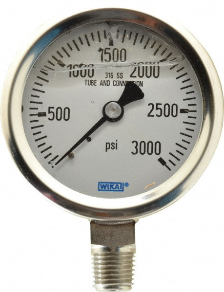 Wika 9833485 Pressure Gauge 2-1/2" Dial, 0 to 3,000 psi, 1/4" Thread, NPT, Lower Mount