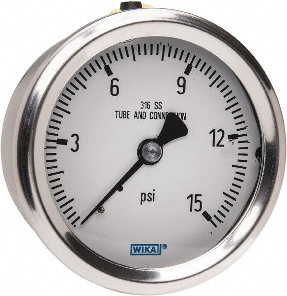 Wika 9833272 Pressure Gauge 2-1/2" Dial, 0 to 15 psi, 1/4" Thread, NPT, Center Back Mount