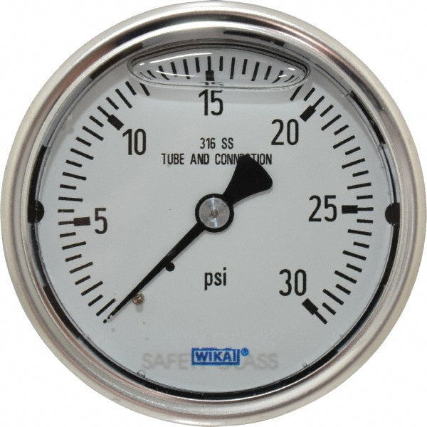 Wika 9833264 Pressure Gauge 2-1/2" Dial, 0 to 30 psi, 1/4" Thread, NPT, Center Back Mount