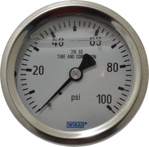 Wika 9833247 Pressure Gauge 2-1/2" Dial, 0 to 100 psi, 1/4" Thread, NPT, Center Back Mount