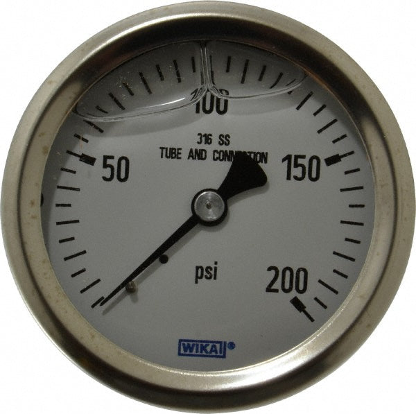Wika 9833221 Pressure Gauge 2-1/2" Dial, 0 to 200 psi, 1/4" Thread, NPT, Center Back Mount