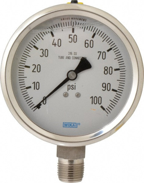 Wika 9833417 Pressure Gauge 4" Dial, 0 to 100 psi, 1/2" Thread, NPT, Lower Mount