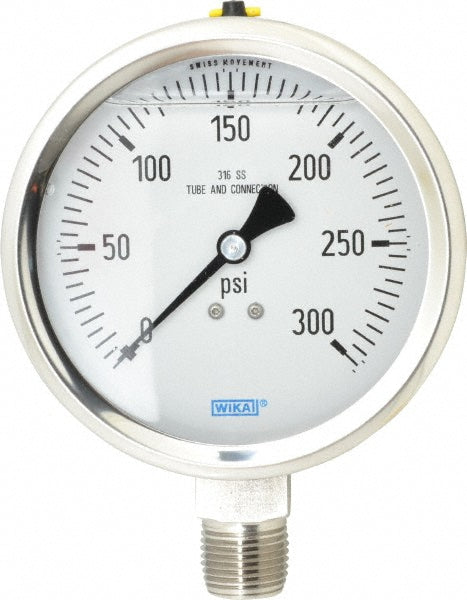 Wika 9833442 Pressure Gauge 4" Dial, 0 to 300 psi, 1/2" Thread, NPT, Lower Mount