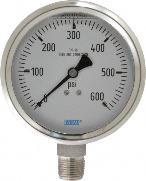 Wika 9833727 Pressure Gauge 4" Dial, 0 to 600 psi, 1/2" Thread, NPT, Lower Mount