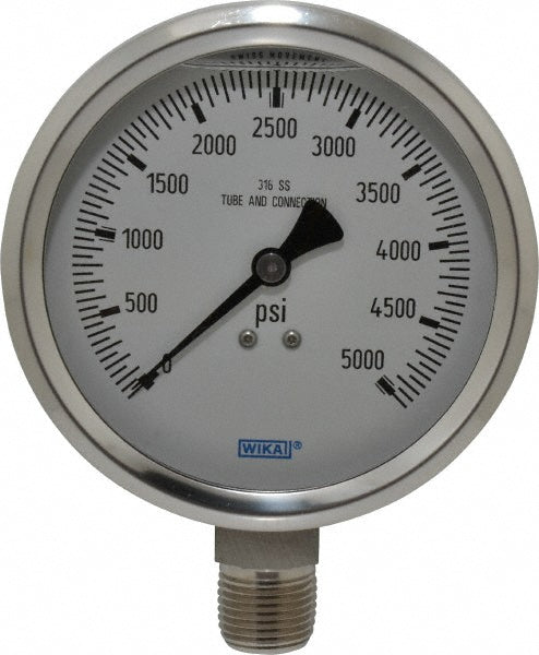 Wika 9833663 Pressure Gauge 4" Dial, 0 to 5,000 psi, 1/2" Thread, NPT, Lower Mount
