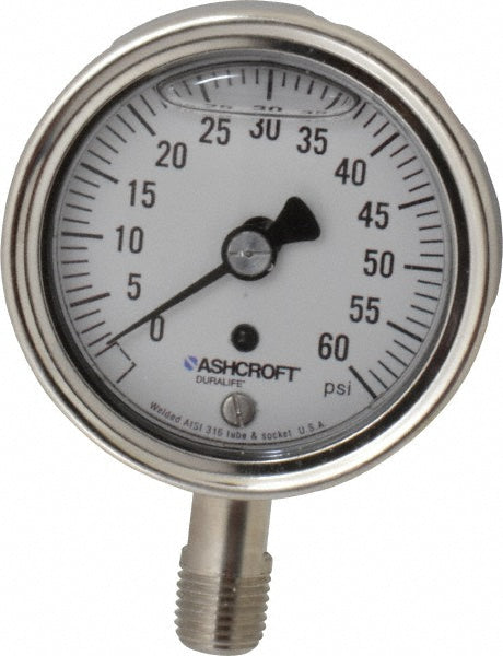 Ashcroft 94475 Pressure Gauge 2-1/2" Dial, 0 to 60 psi, 1/4" Thread, NPT, Lower Mount