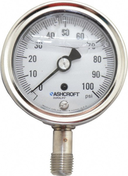 Ashcroft 94476 Pressure Gauge 2-1/2" Dial, 0 to 100 psi, 1/4" Thread, NPT, Lower Mount