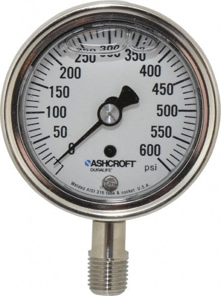 Ashcroft 94481 Pressure Gauge 2-1/2" Dial, 0 to 600 psi, 1/4" Thread, NPT, Lower Mount