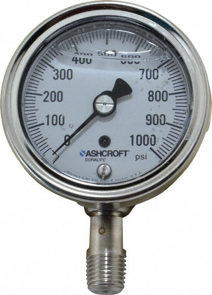 Ashcroft 94212 Pressure Gauge 2-1/2" Dial, 0 to 1,000 psi, 1/4" Thread, NPT, Lower Mount