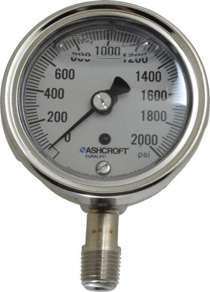 Ashcroft 94214 Pressure Gauge 2-1/2" Dial, 0 to 2,000 psi, 1/4" Thread, NPT, Lower Mount