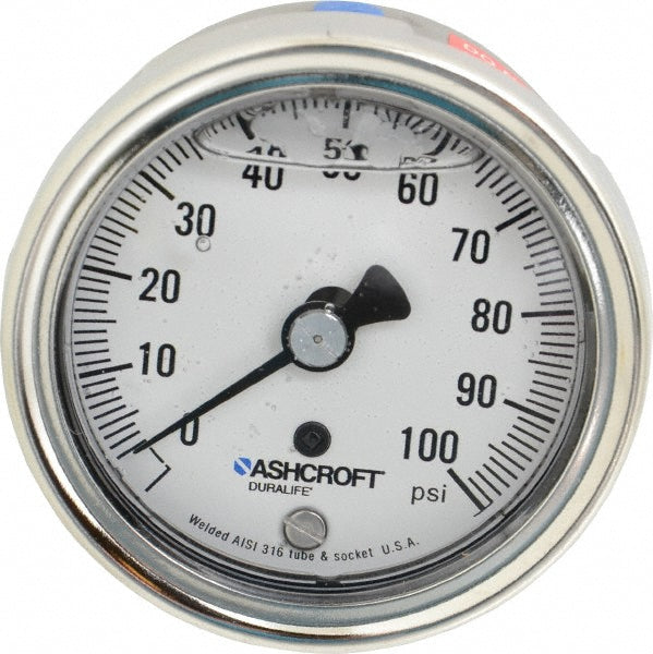 Ashcroft 94905 Pressure Gauge 2-1/2" Dial, 0 to 100 psi, 1/4" Thread, NPT, Center Back Mount