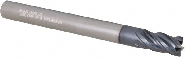 Kyocera SGS Precision Tools 36372 Corner Radius End Mill 1/4" Dia, 1/2" LOC, 0.01" Radius, 4 Flutes, Solid Carbide