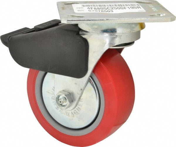 E.R. Wagner 4F8805C2500F190 Swivel Top Plate Caster Polyurethane, 5" Wheel Dia, 2" Wheel Width, 650 lb Capacity, 6-1/2" OAH