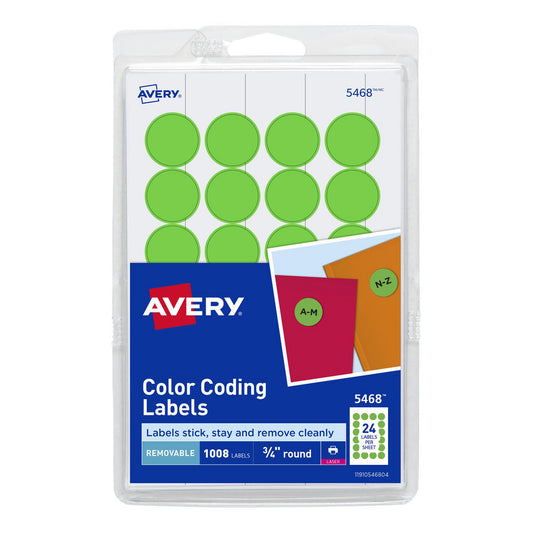 AVERY 05468 Labels, Ribbons & Tapes Type Color-coding labels 3/4 round  Color Family Green  Color Flouorescent Green  Number Of Labels Per Roll 1008  Label Diameter (Inch) 3/4