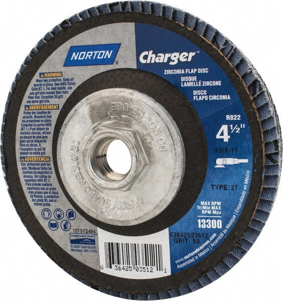 Norton 63642503512 Flap Disc  4-1/2" Dia, 60 Grit, Zirconia Alumina, Type 27