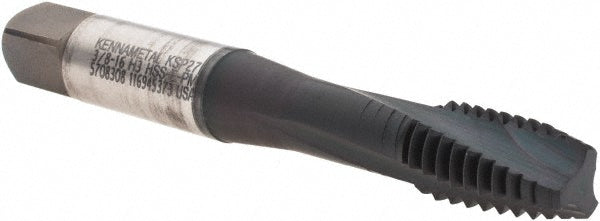 Kennametal 5708308 Spiral Flute Tap 3/8-16, UNC, 2 Flute, Modified Bottoming Chamfer, 3B Class of Fit, Powdered Metal, AlCrTiN Finish