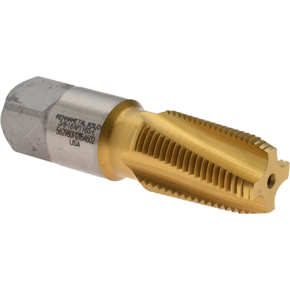 Kennametal 5629801 3/8-18 NPT, 15&deg Helix, 4 Flutes, 2-1/2 - 3-1/2 Chamfer, TiN Finish, High Speed Steel, Spiral Flute Pipe Tap