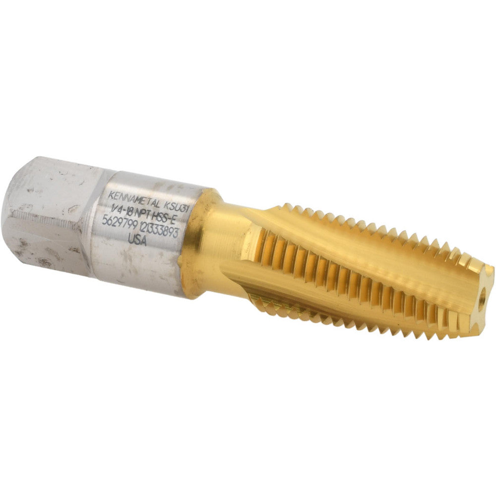 Kennametal 5629799 1/4-18 NPT, 15&deg Helix, 4 Flutes, 2-1/2 - 3-1/2 Chamfer, TiN Finish, High Speed Steel, Spiral Flute Pipe Tap