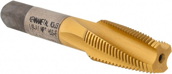 Kennametal 5629794 1/8-27 NPT, 15&deg Helix, 4 Flutes, 2-1/2 - 3-1/2 Chamfer, TiN Finish, High Speed Steel, Spiral Flute Pipe Tap