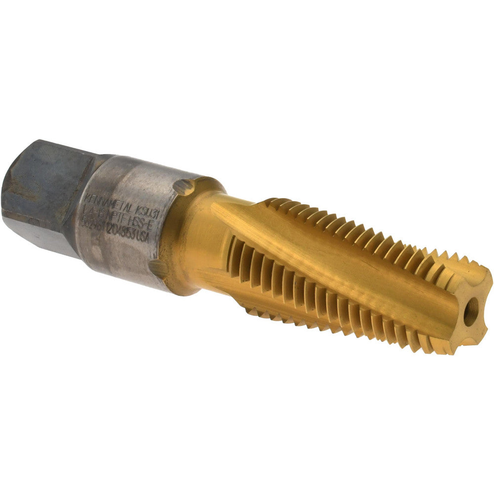 Kennametal 5629811 1/4-18 NPTF, 15&deg Helix, 4 Flutes, 2-1/2 - 3-1/2 Chamfer, TiN Finish, High Speed Steel, Spiral Flute Pipe Tap