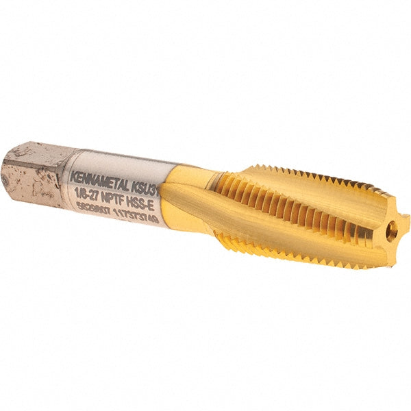 Kennametal 5629807 1/8-27 NPTF, 15&deg Helix, 4 Flutes, 2-1/2 - 3-1/2 Chamfer, TiN Finish, High Speed Steel, Spiral Flute Pipe Tap