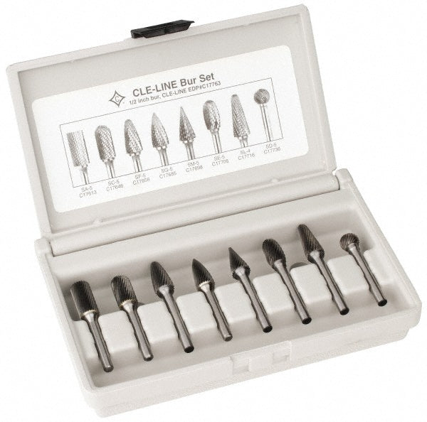 Cle-Line C17763 8 Pc Single Cut Burr Set with Ball, Cone, Cylinder, Cylinder Ball End, Egg, Pointed Cone, Pointed Tree, Round Tree