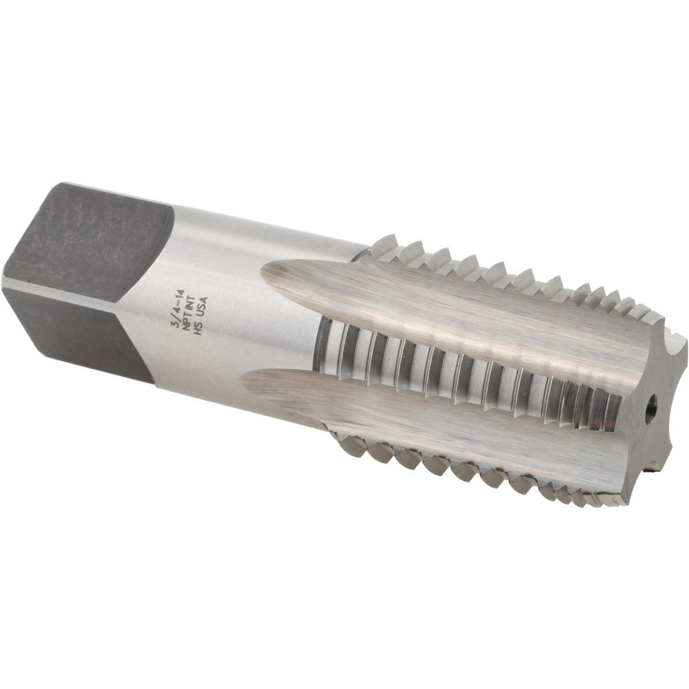 Cle-Force C69330 Interrupted Thread Pipe Taps Thread Size (Inch) 3/4-14 in Thread Standard NPT Material High Speed Steel Number of Flutes 5.0 Threads Per Inch 14 Square Length 17.46 mm 0.6875 in Projection 0.565 in Finish Bright Overall Length (Inch) 3.