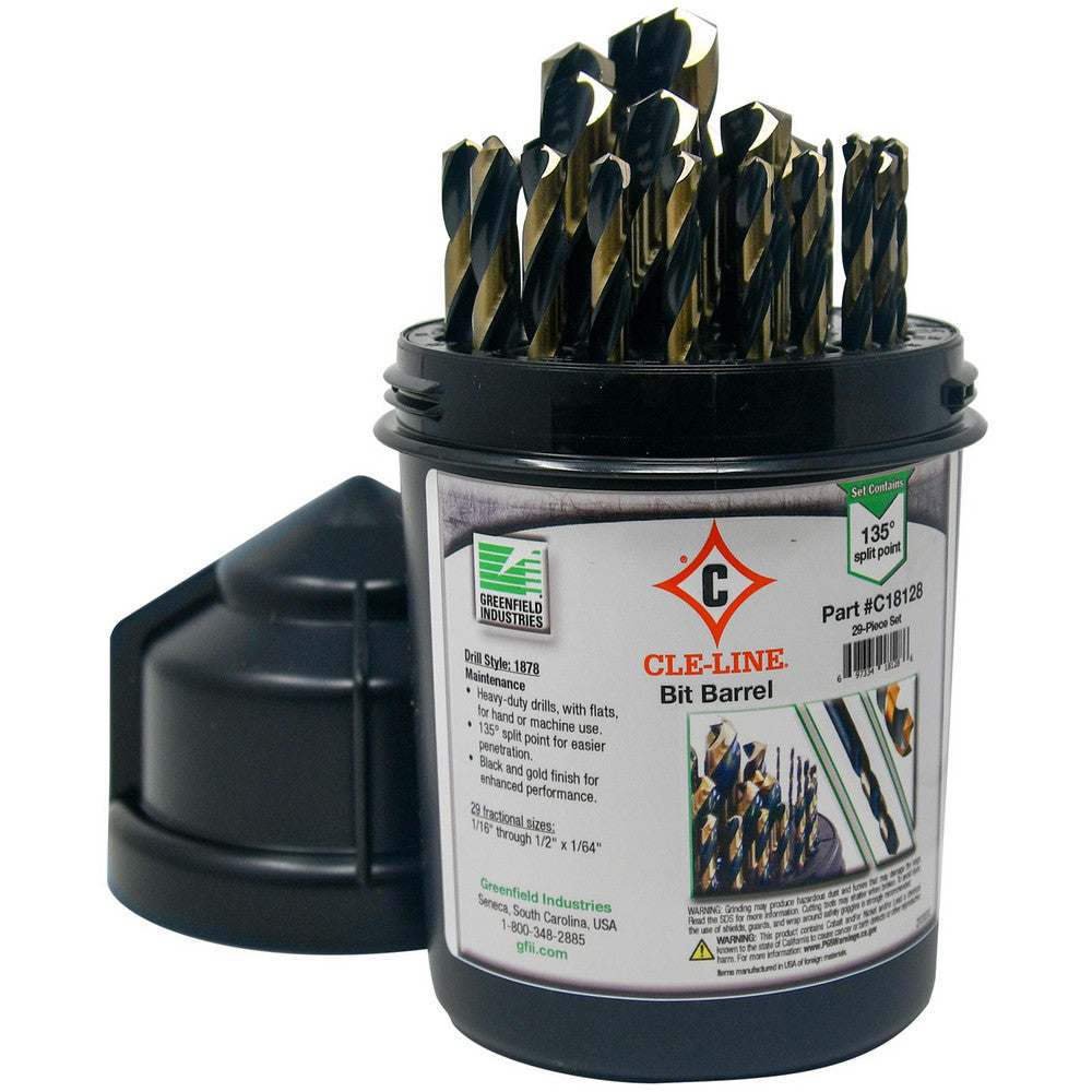 Cle-Line C18128 Drill Bit Set Jobber Length Drill Bits, 29 Pc, 0.0625" to 0.5" Drill Bit Size, 135 &deg, High Speed Steel