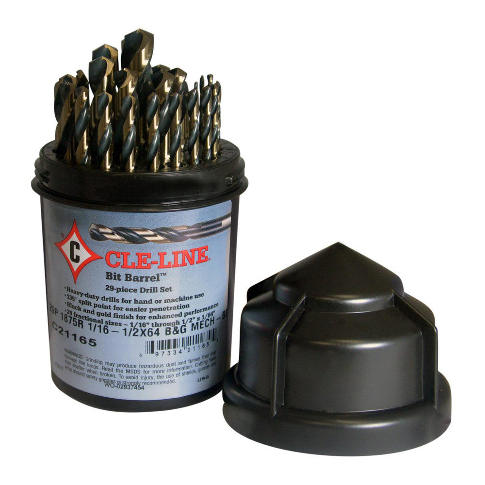 Cle-Line C21165 Drill Bit Set Jobber Length Drill Bits, 29 Pc, 0.0625" to 0.5" Drill Bit Size, 135 &deg, High Speed Steel