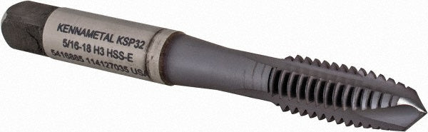 Kennametal 5416885 Spiral Point Tap 5/16-18 UNC, 3 Flutes, Plug Chamfer, 3B Class of Fit, HSS-E, TiCN & TiN Coated