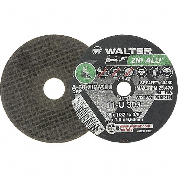 WALTER Surface Technologies 11U303 Cut-Off Wheel Type 1, 3" Dia, 1/32" Thick, 3/8" Hole, Aluminum Oxide
