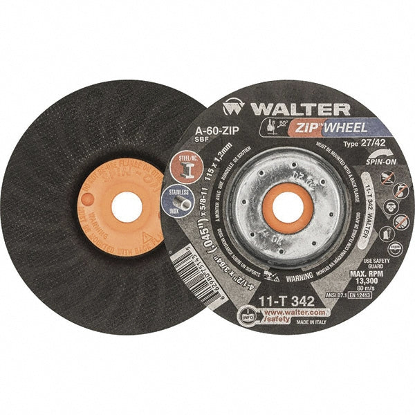 WALTER Surface Technologies 11T342 Depressed Grinding Wheel  Type 27 & Type 42,  4-1/2" Dia,  3/64" Thick,  Aluminum Oxide