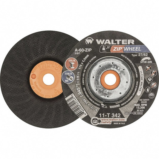 WALTER Surface Technologies 11T342 Depressed Grinding Wheel  Type 27 & Type 42,  4-1/2" Dia,  3/64" Thick,  Aluminum Oxide