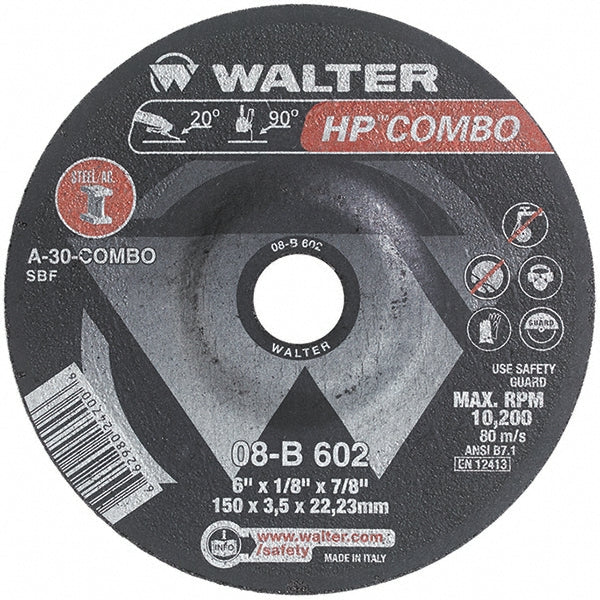 WALTER Surface Technologies 08B602 Depressed Grinding Wheel  Type 27,  6" Dia,  1/8" Thick,  7/8" Hole,  Aluminum Oxide
