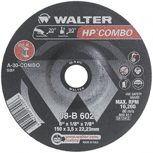 WALTER Surface Technologies 08B602 Depressed Grinding Wheel  Type 27,  6" Dia,  1/8" Thick,  7/8" Hole,  Aluminum Oxide